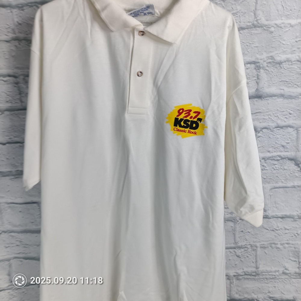 VINTAGE 93.7 KSD Classic Rock Radio Polo Shirt Mens XL White Made in USA 90s
